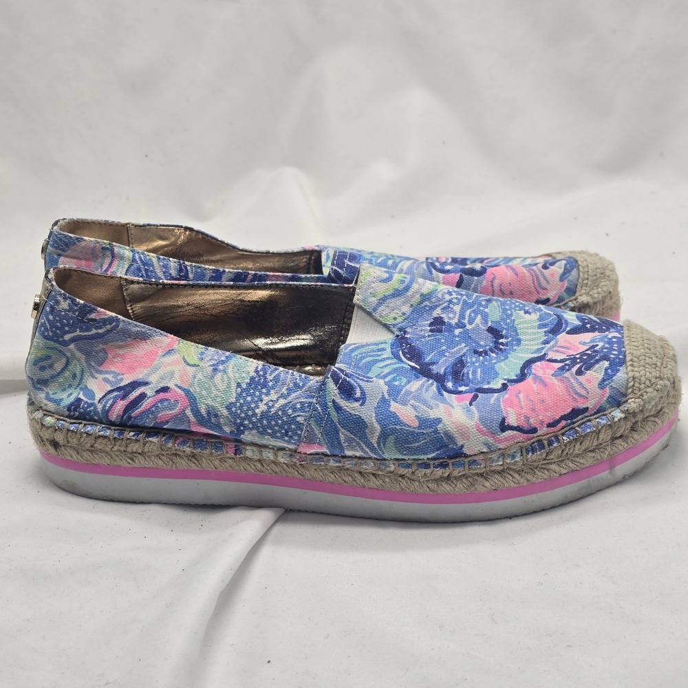 Lilly Pulitzer Marlo Espadrille Flats Women 9 Blue Pink Floral Leather Preppy